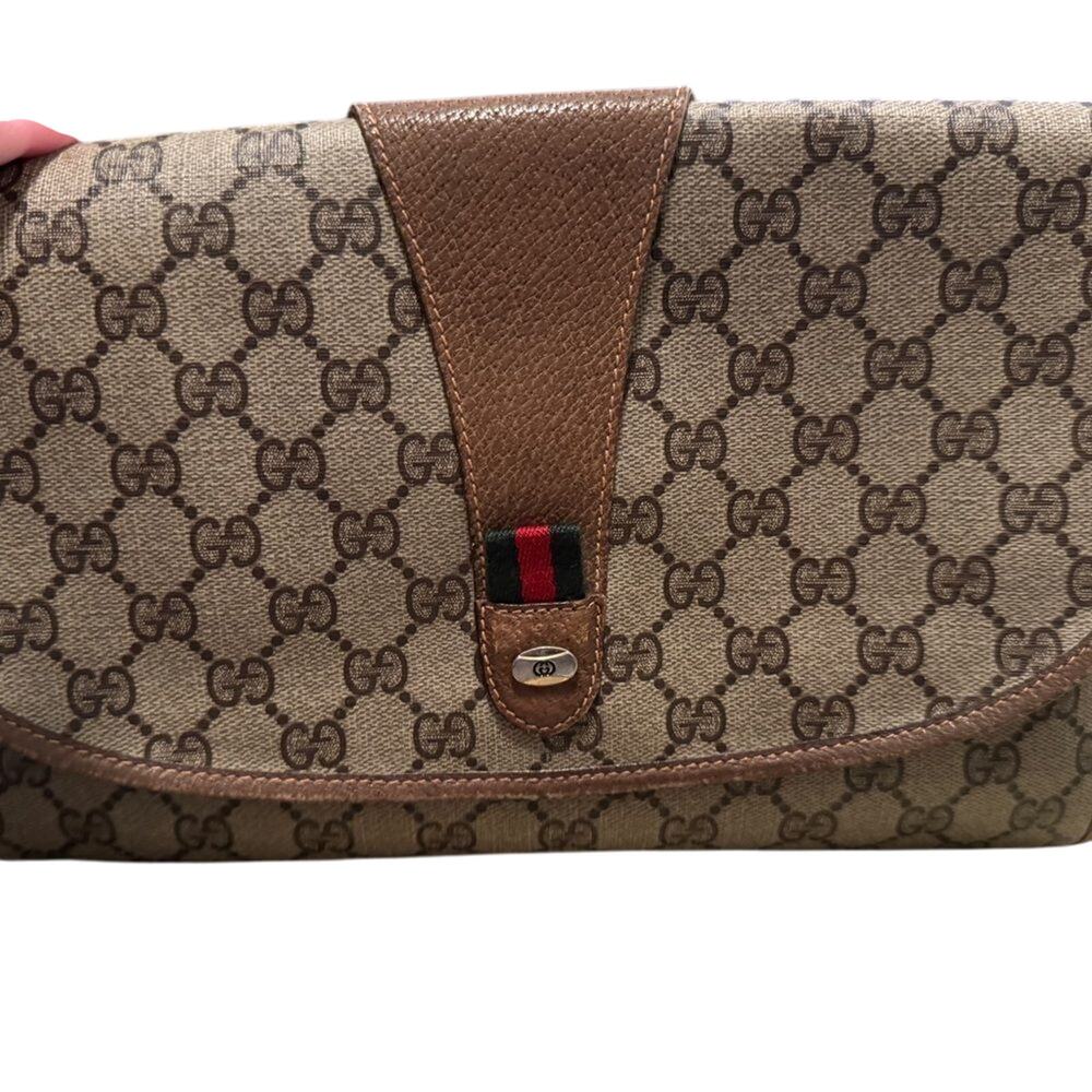 GUCCI GG Supreme Leather Trim Clutch with Dust Bag, Luxury Posh Party Host Pick